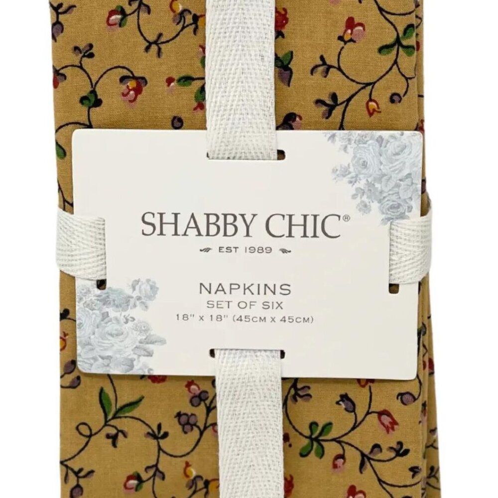 SHABBY CHIC Set of Six 18" x 18" Ochre Floral 100% Cotton Cloth Napkins NEW